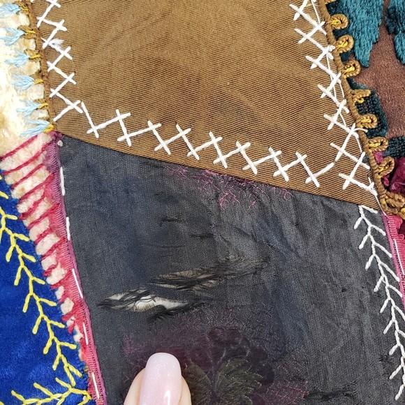 Antique Crazy Quilt 11" Square Block Flannel Backing Velvet Satin Embroidery - Picture 7 of 13